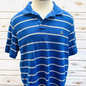 WONDER WALL Men Short Sleeve Collared Blue Striped Polo Style Shirt Size Medium